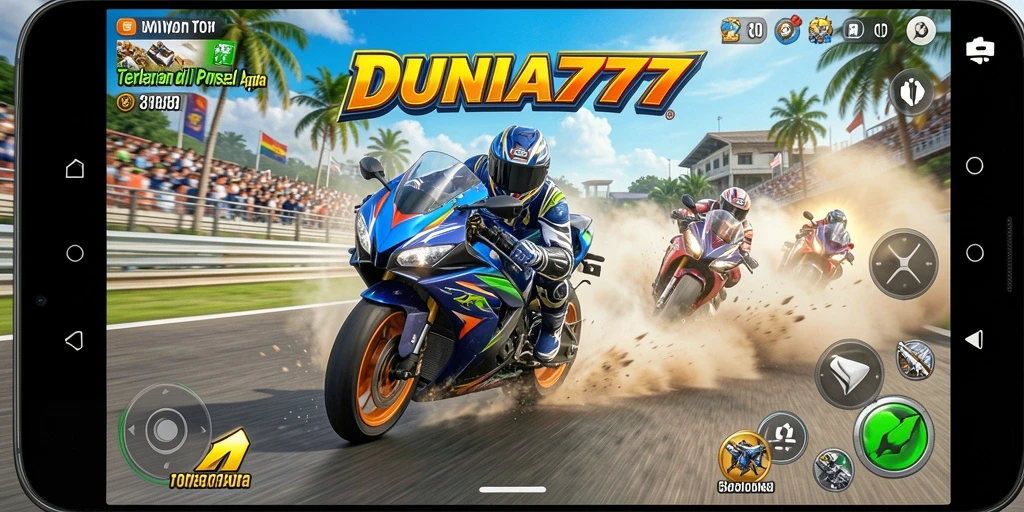 Tangkapan layar gameplay DUNIA777 saat balapan motor yang mendebarkan.